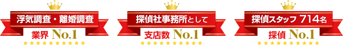 浮気調査・離婚調査業界No.1、探偵社事務所として支店数No.1、探偵スタッフ714名 探偵No.1